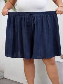 SHEIN CURVE+ Plus Size Curve US22Music Festival, Seaside Vacation, Bohemia Women Casual Plain Loose Shorts Navy Blue Summer Wide Leg Shorts,Holiday For - Blue - View 6