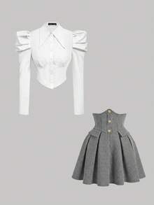 SHEIN MOD Women's Gigot Sleeve Long Sleeve Fashion Design Front Button Top 2 Pieces Set - Multicolor - View 1