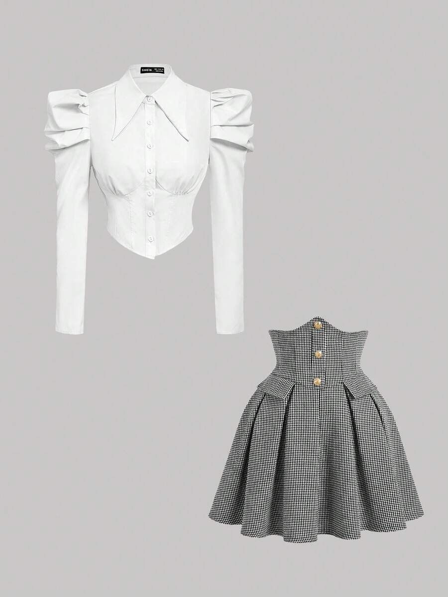 SHEIN MOD Women's Gigot Sleeve Long Sleeve Fashion Design Front Button Top 2 Pieces Set - Multicolor - View 1