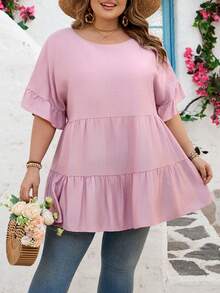 SHEIN CURVE+ Blusa retro de rayas casual de estilo bohemio para mujeres de talla grande, adecuada para festivales de música, vacaciones en la playa, apropiada para vacaciones en la playa - Rosa - Ver 3