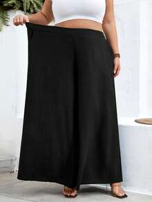 SHEIN CURVE+ Curve 尺码 US22 音乐节、海滨度假、波西米亚风女士高腰宽松纯黑色阔腿裤，带侧袋 - 黑色 - 查看 9