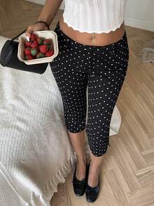 SHEIN EZwear Black Polka Dot Skinny 7/8 Length Pants, Casual & Commute - Black - View 5