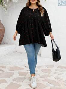 SHEIN CURVE+ Áo thun nữ cỡ US22, họa tiết hoa nhí, cổ dây rút, tay phồng, dáng rộng, thoải mái. - Nhiều màu - Xem 6