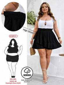 SHEIN CURVE+ Quần short nữ dáng suông, màu trơn, viền bèo nhún, size US22, thích hợp cho lễ hội âm nhạc, kỳ nghỉ bên bờ biển. - màu đen - Xem 6