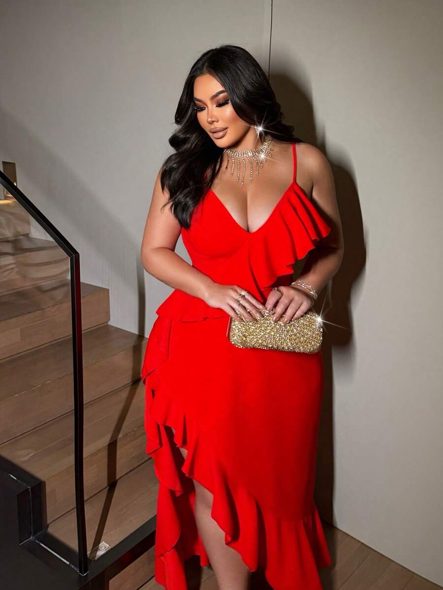 NU&NOW Vestido de fiesta rojo de talla grande con tirantes finos, abertura alta y dobladillo con volantes - Rojo - Ver 1