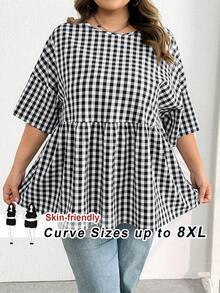 SHEIN CURVE+ 大码女装春夏时尚休闲宽松舒适日常百搭修身面料黄色短袖衬衫，简约风格，凸显曲线，可爱上衣，外出上衣，女士衬衫，欧洲夏季，荷叶边上衣，女士早午餐秋季服装，冬季，CURVE PLUS - 黑與白 - 查看 6