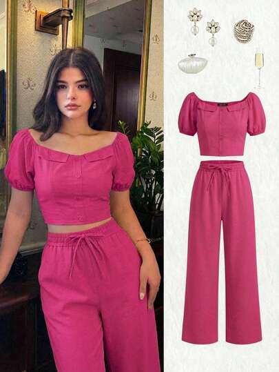 Conjunto de Moda: Top Corto con Botones Frontales + Pantalones Anchos con Cintura de Cordón, Versátil para Mujer