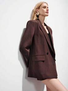 Aveloria Modichic New Striped Double-Breasted Suit Set, Paired With A-Line Skirt, Casual Office Wear, Elegant Business Women's 2 Pieces Suit - Brown - View 4