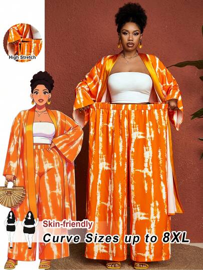 SHEIN CURVE+ Plus Size Women Open Front Long Kimono Shirt Top And Wide Leg Pants Casual Vacation 2 Pieces Set