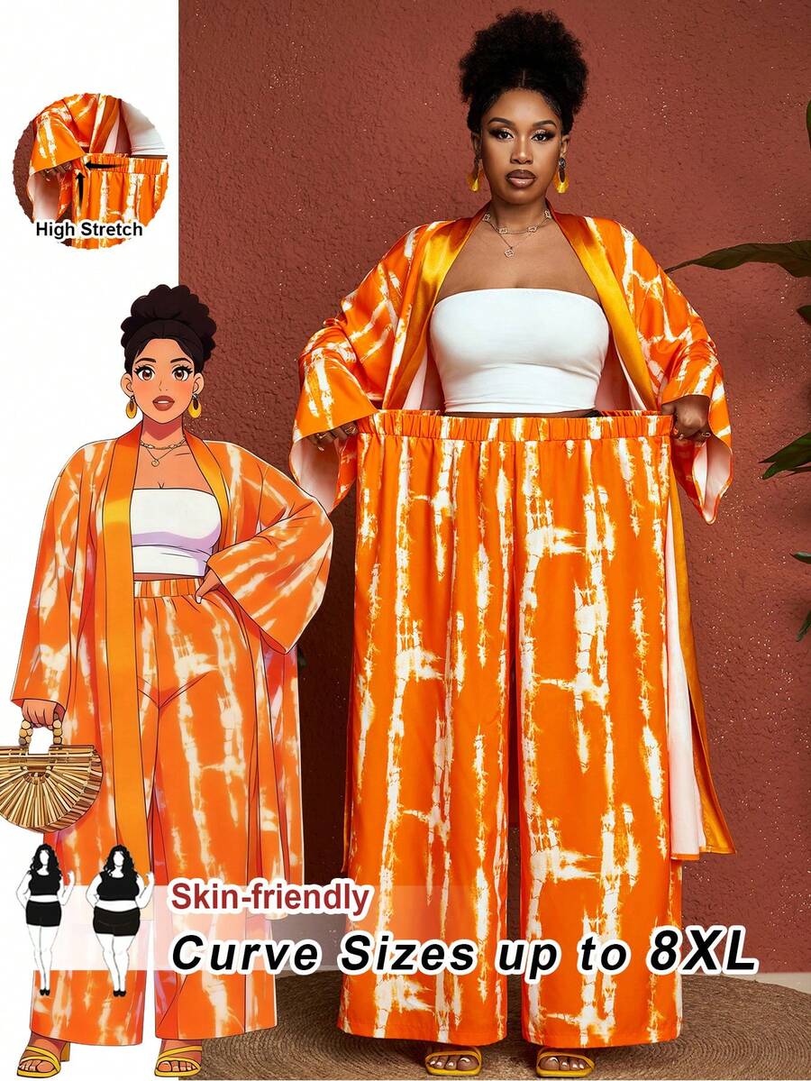 SHEIN CURVE+ Bộ đồ 2 món dành cho nữ cỡ lớn: áo kimono dài mở phía trước và quần ống rộng, thích hợp cho kỳ nghỉ hoặc du lịch.