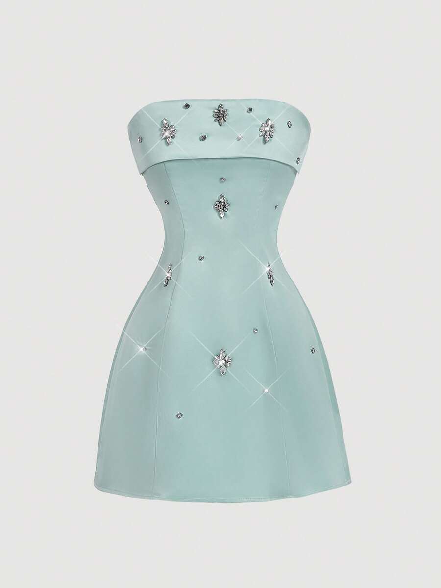 SHEIN MOD 闪亮优雅的无肩带迷你连衣裙 - 綠色 - 查看 1