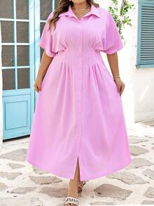 SHEIN CURVE+ Curve 尺码 US22 音乐节、海滨度假、波西米亚风女士条纹蝙蝠袖收腰休闲长款衬衫裙 夏季粉色 - 粉色 - 查看 6