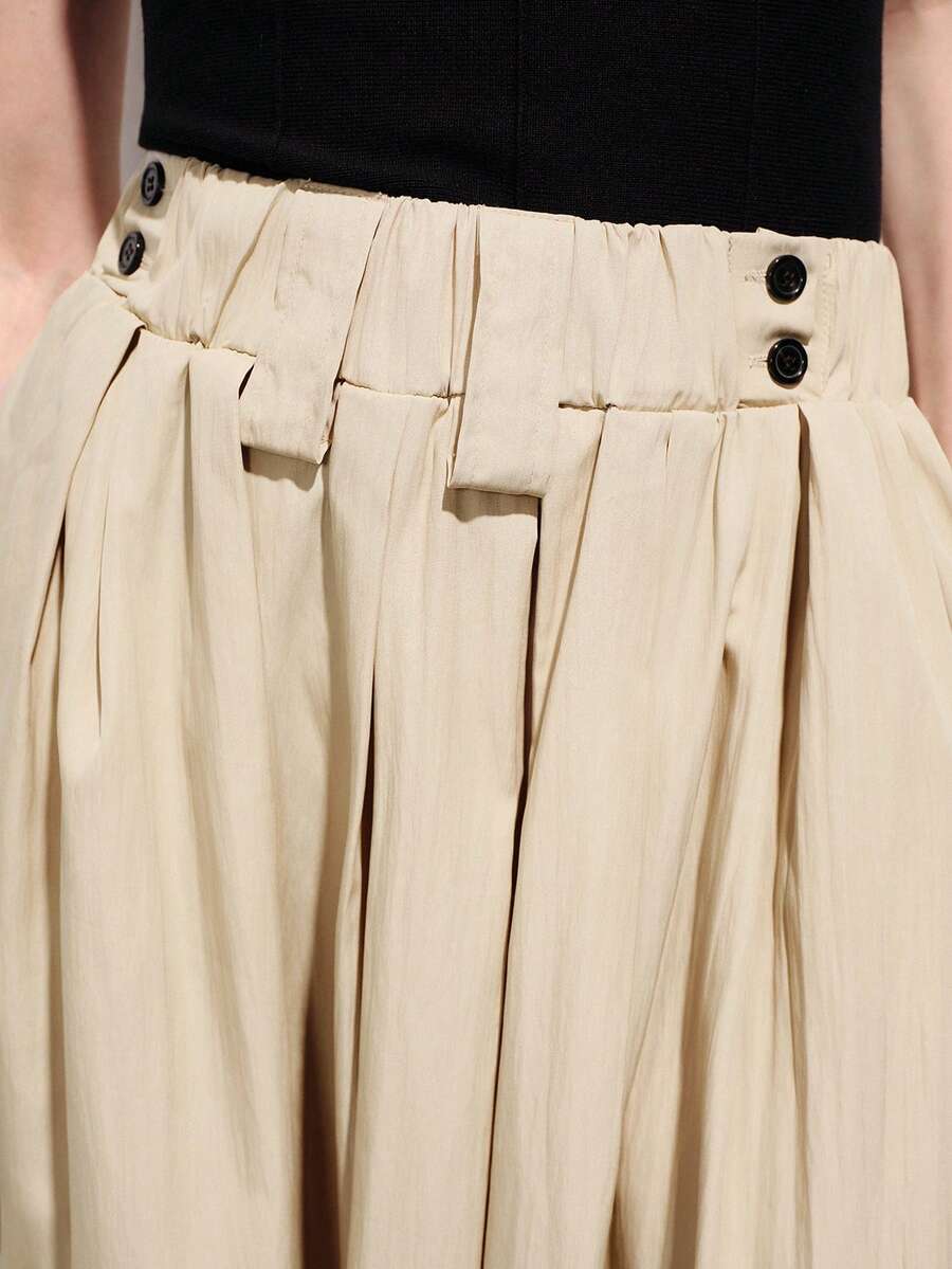 Aveloria Modichic New European And American Retro Fashion Casual Elastic Waist Pleated Loose Mid-Length Skirt - Khaki - View 1