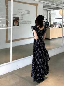 K-Vae Ruffled Short Sleeve Backless Vintage Polka Dot Dress - Black - View 2