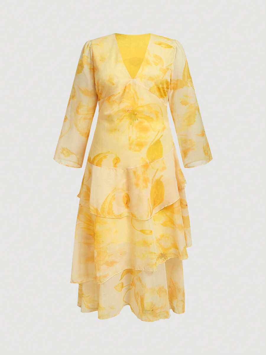 Aveloria Rosie New Arrival Women's Chiffon Printed Layered Dress - Yellow - View 1