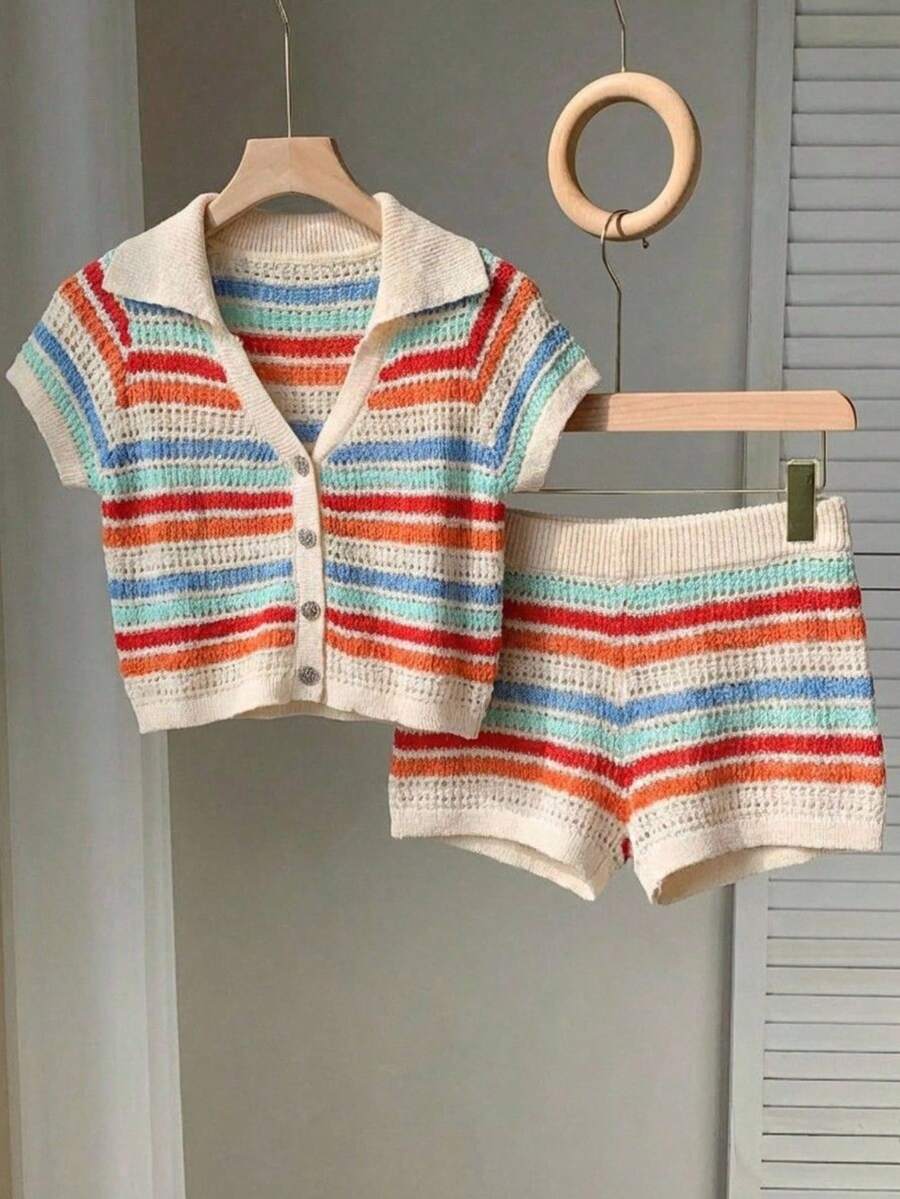 Set de dos Piezas de Playa, Shorts y Top Tejidos de Mujer, Casuales,JUEGO DE 2 PIEZAS - Beis - Ver 1