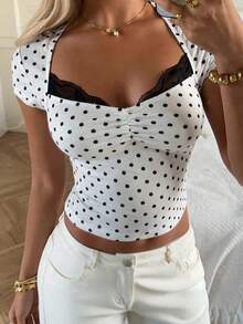 SHEIN EZwear Áo thun dệt kim nữ màu trắng nền, chấm bi đen, phối ren. - Đen và trắng - Xem 5