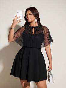 Viva Relle Black Sexy Dress, Pleated Sheer Mesh Patchwork Waist Cinched Dress, Suitable For Dates, New Year, Halloween, Plus Size - Black - View 4