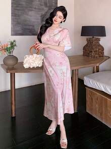 K-Vae Đầm hè mới thanh lịch, cổ chữ V, họa tiết hoa. - Hồng - Xem 5
