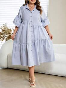 SHEIN CURVE+ Curve 尺码 US22 音乐节、海滨度假、波西米亚风女士条纹翻领纽扣休闲日常通勤连衣裙 - 藍色 - 查看 8