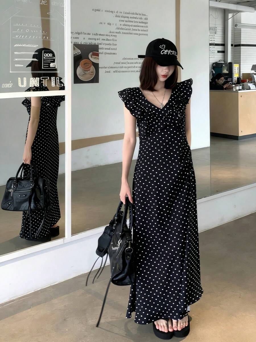 K-Vae Ruffled Short Sleeve Backless Vintage Polka Dot Dress - Black - View 1
