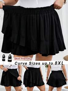 SHEIN CURVE+ Quần short nữ dáng suông, màu trơn, viền bèo nhún, size US22, thích hợp cho lễ hội âm nhạc, kỳ nghỉ bên bờ biển. - màu đen - Xem 2