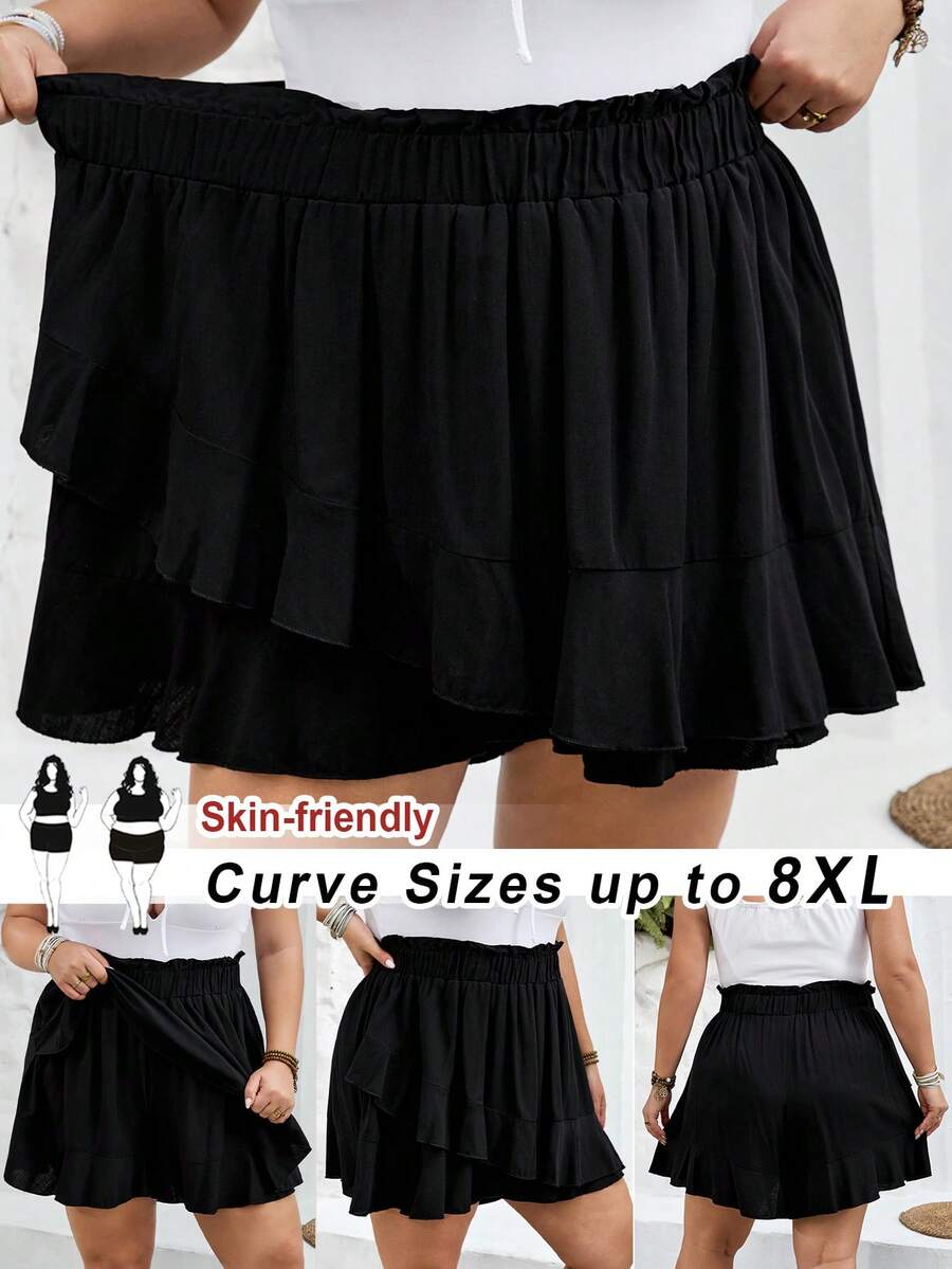 SHEIN CURVE+ Quần short nữ dáng suông, màu trơn, viền bèo nhún, size US22, thích hợp cho lễ hội âm nhạc, kỳ nghỉ bên bờ biển.