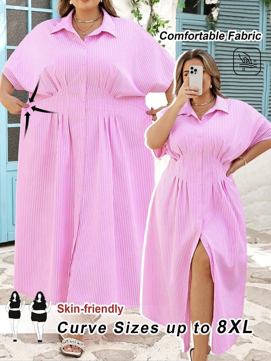 SHEIN CURVE+ Curve 尺码 US22 音乐节、海滨度假、波西米亚风女士条纹蝙蝠袖收腰休闲长款衬衫裙 夏季粉色 - 粉色 - 查看 1