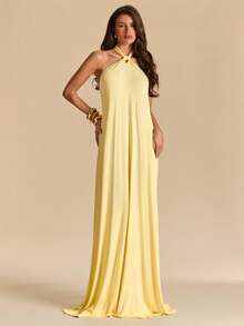 SHEIN BAE 纯黄色/浅黄色露背吊带针织长裙，适合海滩度假，宽松针织沙滩长裙，休闲连衣裙 - 淡黃色 - 查看 7