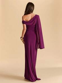 SHEIN BAE Asymmetric Ruched Asymmetrical Shoulder Bodycon Mermaid Dress In Eggplant Purple Rose, Mesh Dress For Vacation And Beach - Rose Red - View 6