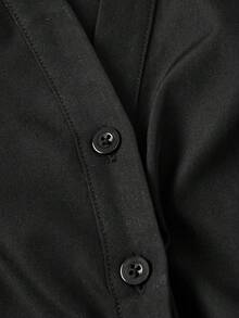 MOD Camisa de mujer de unicolor con cuello de solapa, diseño de cintura con corbata, de uso versátil y casual, con mangas farol - Negro - Ver 3