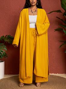 SHEIN CURVE+ Curve 尺码 US22 音乐节、海滨度假、波西米亚纯色纹理宽松蝙蝠袖两件套 - 黃色 - 查看 4