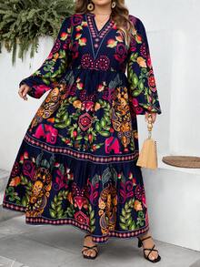 SHEIN CURVE+ Curve 尺码 US22 音乐节、海滨度假、波西米亚风女士休闲宽松印花度假连衣裙 花园连衣裙 花朵连衣裙 女士加大码波西米亚风连衣裙 野花连衣裙 - 彩色 - 查看 6