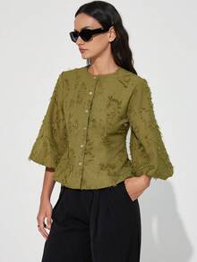 Aveloria Modichic 新款流苏提花灯笼花瓣袖装饰设计优雅时尚百搭收腰优雅中袖衬衫 - 綠色 - 查看 5