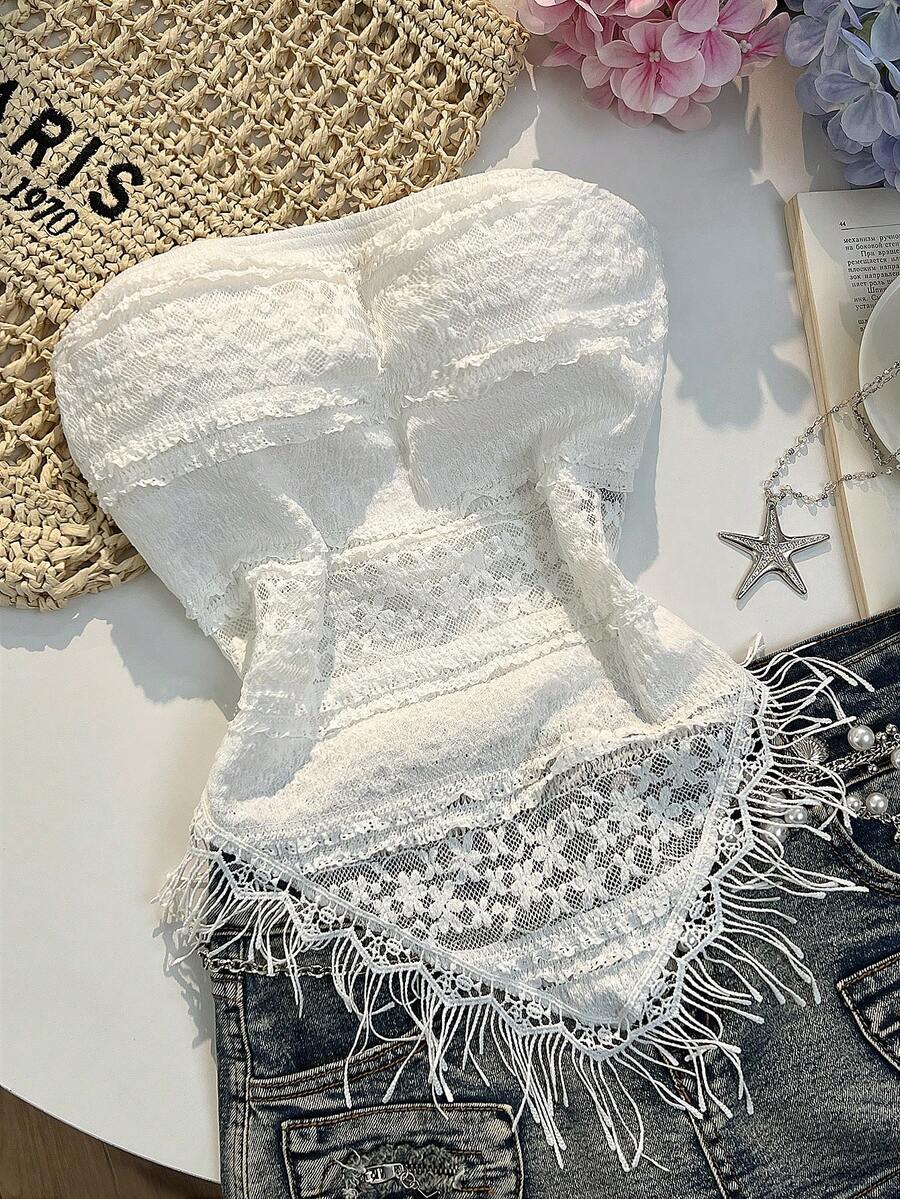 Elamini Women's Casual Fashionable Everyday Versatile Textured Jacquard Fabric Fringe Trim Asymmetric Hem Tube Top, Spring/Summer - White - View 1