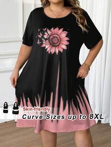 SHEIN CURVE+ 休闲蝴蝶向日葵图案圆领短袖露脐加大码连衣裙，适合夏季穿着 - 彩色 - 查看 10