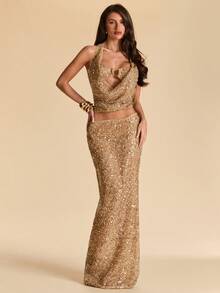 SHEIN BAE 女士纯色性感深V领露背上衣搭配优雅鱼尾裙，适合海滩度假、夏季婚礼宾客、波西米亚风优雅海滩正式晚礼服、度假派对礼服 - 咖啡棕 - 查看 7