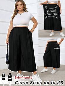SHEIN CURVE+ Quần ống rộng màu hồng dành cho nữ cỡ lớn, thời trang xuân hè, thoải mái, thoáng mát, cơ bản, đa năng, chất liệu vải mềm mại, cạp chun, kiểu dáng đơn giản, thích hợp mặc hàng ngày, cạp chun, dáng lửng, phong cách châu Âu, mùa hè, quần Capri, quần đi nghỉ mát/2026/Năm mới - màu đen - Xem 10