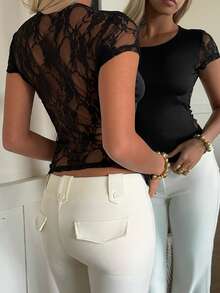 SHEIN EZwear New Summer Black Knit Lace Patchwork Women T-Shirt - Black - View 2