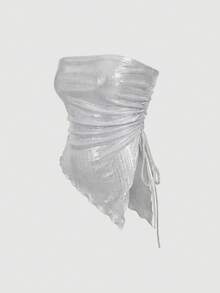 SHEIN MOD Asymmetrical Hem Tie-Up Fashionable Summer Ruched Women Tube Top - Silver - View 5