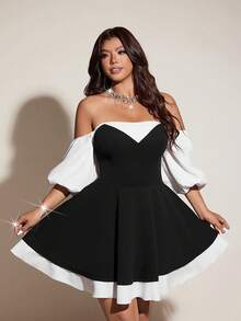 Viva Relle 大码花瓣袖优雅修身百搭中长连衣裙 - 黑與白 - 查看 3