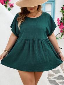 SHEIN CURVE+ Curve 尺码 US22 音乐节、海滨度假、波西米亚风夏季休闲纯色纹理蝙蝠袖衬衫 - 綠色 - 查看 9