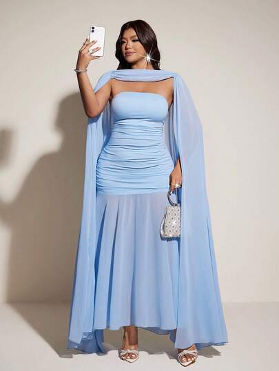 Viva Relle Plus Size Elegant Party Solid Color Shawl Collar Dress Two Pieces Set