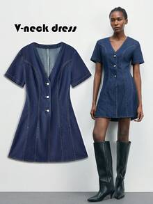 Maija Vestido vaquero casual de mujer con cuello en V, manga corta y abotonadura sencilla - Azul lavado oscuro - Ver 2