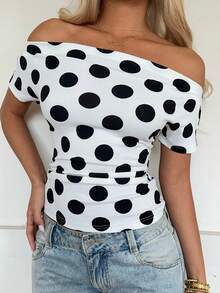 SHEIN EZwear 白色底波点女士露肩紧身T恤 - 黑與白 - 查看 4