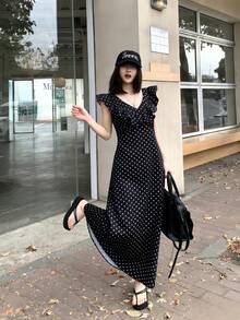 K-Vae Ruffled Short Sleeve Backless Vintage Polka Dot Dress - Black - View 4