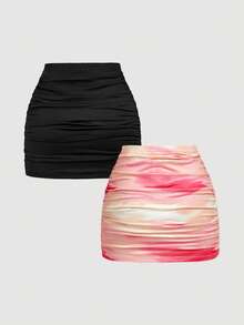 SHEIN MOD 2pcs Women Casual Minimalist Ruched Bodycon Skirt Set - Multicolor - View 2