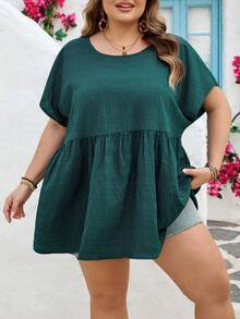 SHEIN CURVE+ Curve 尺码 US22 音乐节、海滨度假、波西米亚风夏季休闲纯色纹理蝙蝠袖衬衫 - 綠色 - 查看 5