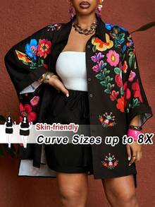 SHEIN CURVE+ Curve 尺码 US22 音乐节、海滨度假、波西米亚风女士印花单排扣衬衫和短裤两件套休闲套装 - 彩色 - 查看 10