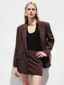 Aveloria Modichic New Striped Double-Breasted Suit Set, Paired With A-Line Skirt, Casual Office Wear, Elegant Business Women's 2 Pieces Suit - Brown - View 3